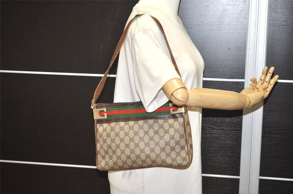 Authentic GUCCI Web Sherry Line Shoulder Bag Purse GG PVC Leather Brown 2254J