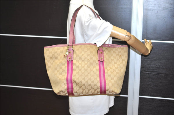 Authentic GUCCI Sherry Line Tote Bag GG Canvas Leather 139260 Beige Pink 2257I