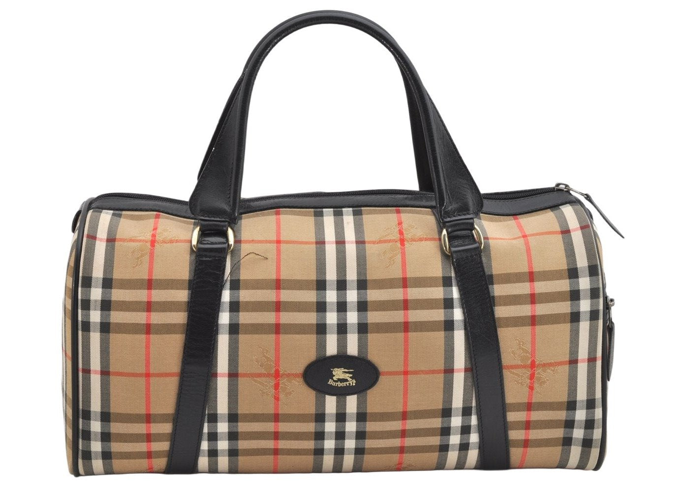 Authentic Burberrys Nova Check Canvas Leather Hand Boston Bag Beige 2259K