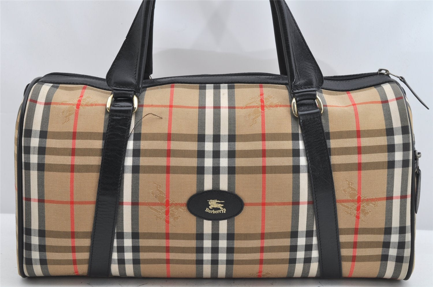 Authentic Burberrys Nova Check Canvas Leather Hand Boston Bag Beige 2259K