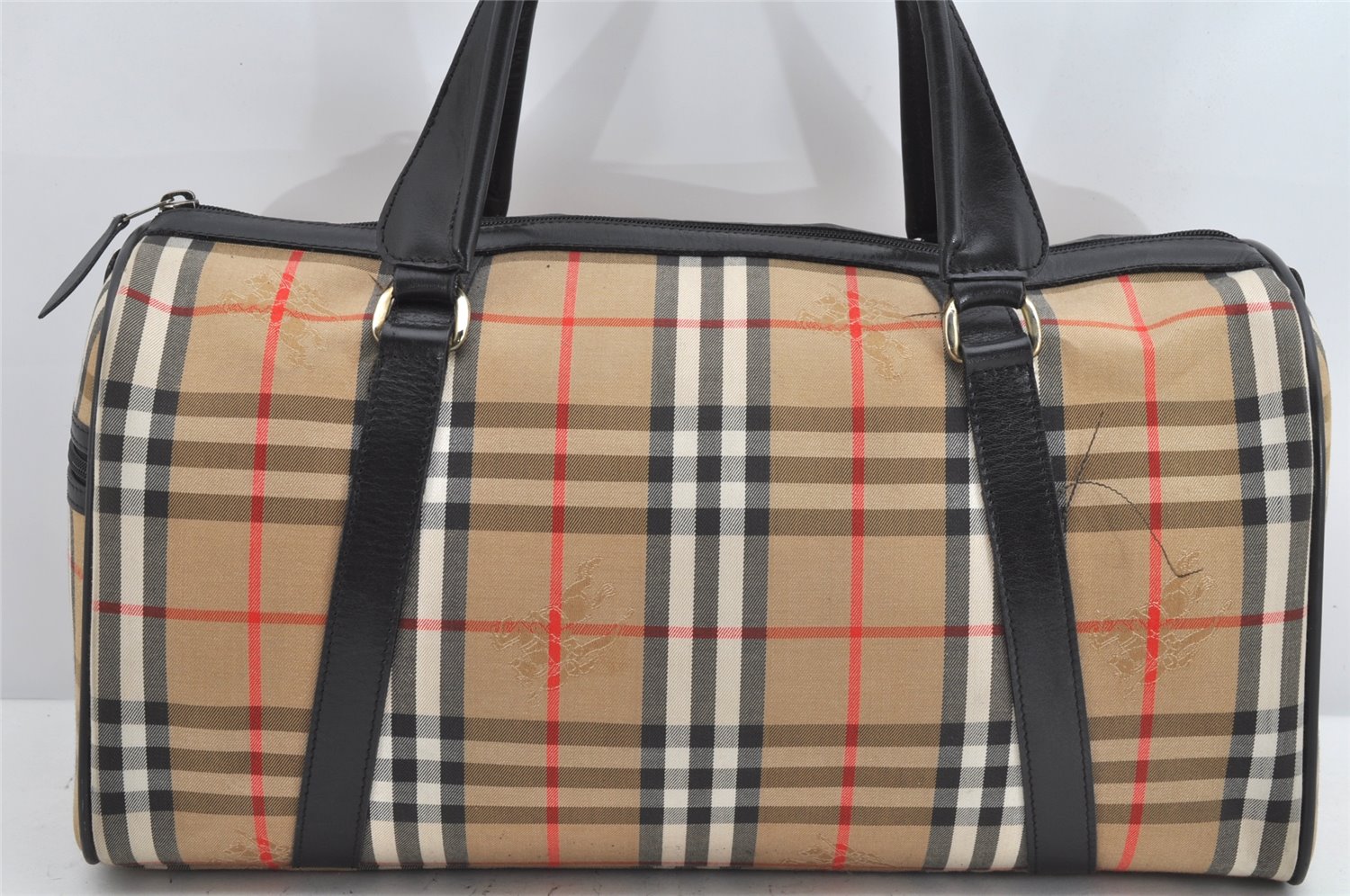 Authentic Burberrys Nova Check Canvas Leather Hand Boston Bag Beige 2259K
