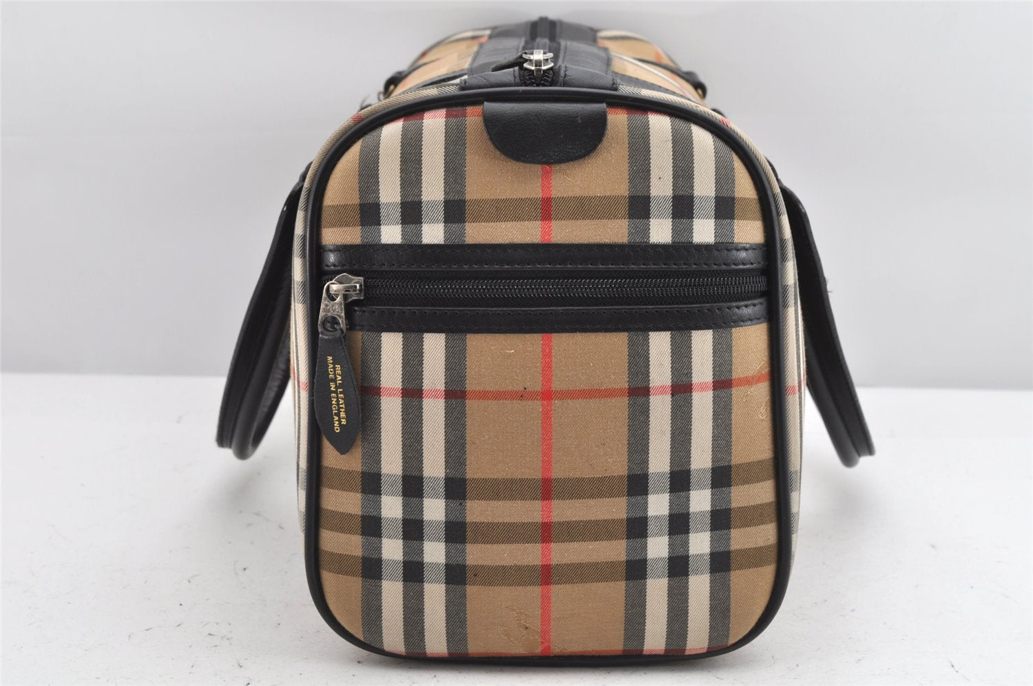 Authentic Burberrys Nova Check Canvas Leather Hand Boston Bag Beige 2259K