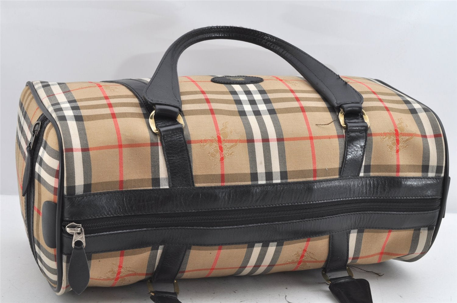 Authentic Burberrys Nova Check Canvas Leather Hand Boston Bag Beige 2259K