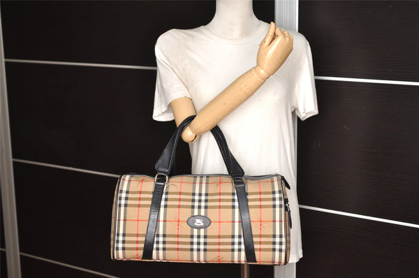 Authentic Burberrys Nova Check Canvas Leather Hand Boston Bag Beige 2259K