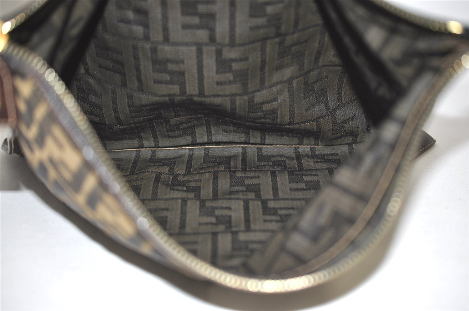 Authentic FENDI Zucca Clutch Hand Bag Purse Nylon Leather Brown Black 2265I