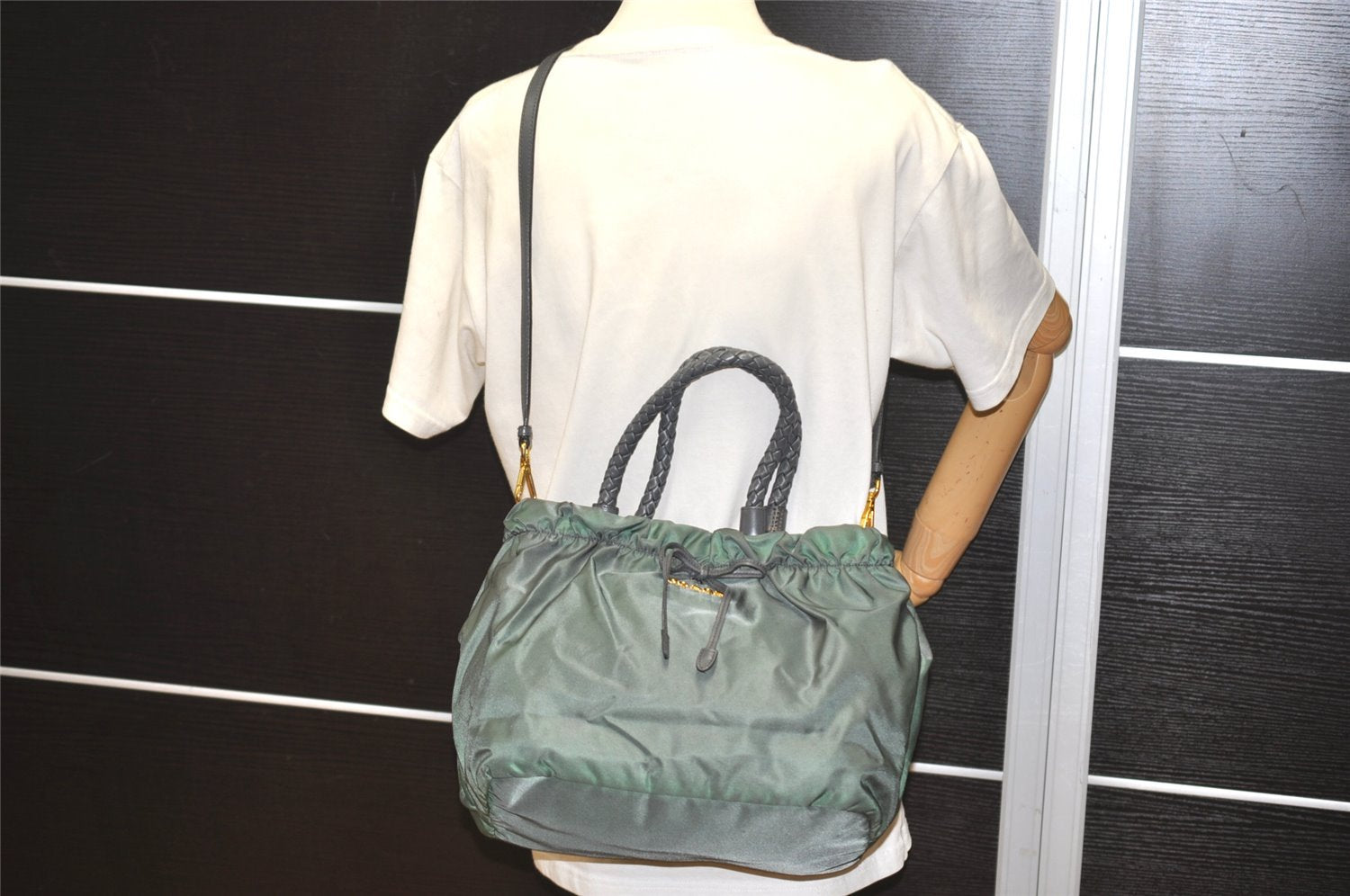 Authentic PRADA Nylon Tessuto Leather 2Way Shoulder Tote Bag Khaki Green 2266I