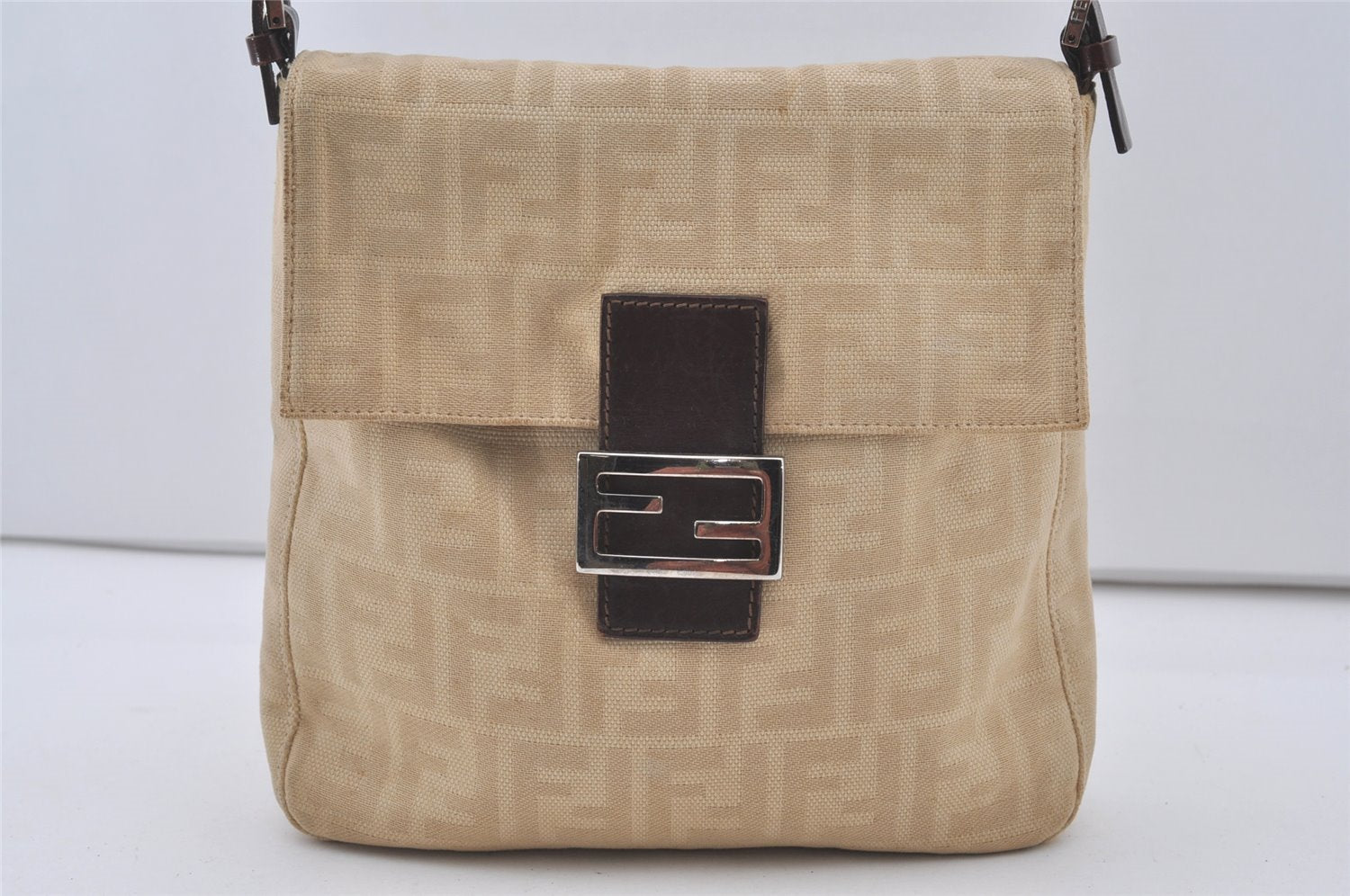 Authentic FENDI Zucca Mamma Baguette Shoulder Bag Canvas Leather Beige 2271J