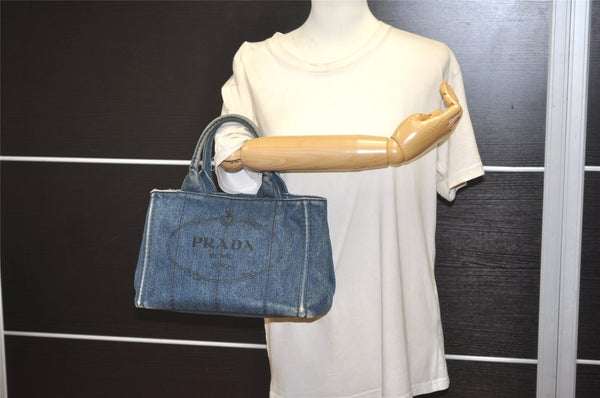 Authentic PRADA DENIM Canapa SS 2Way Shoulder Hand Bag Purse 1BG439 Blue 2272J