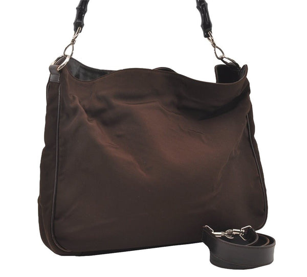 Authentic GUCCI Bamboo 2Way Shoulder Hand Bag Nylon Leather 0011577 Brown 2274J