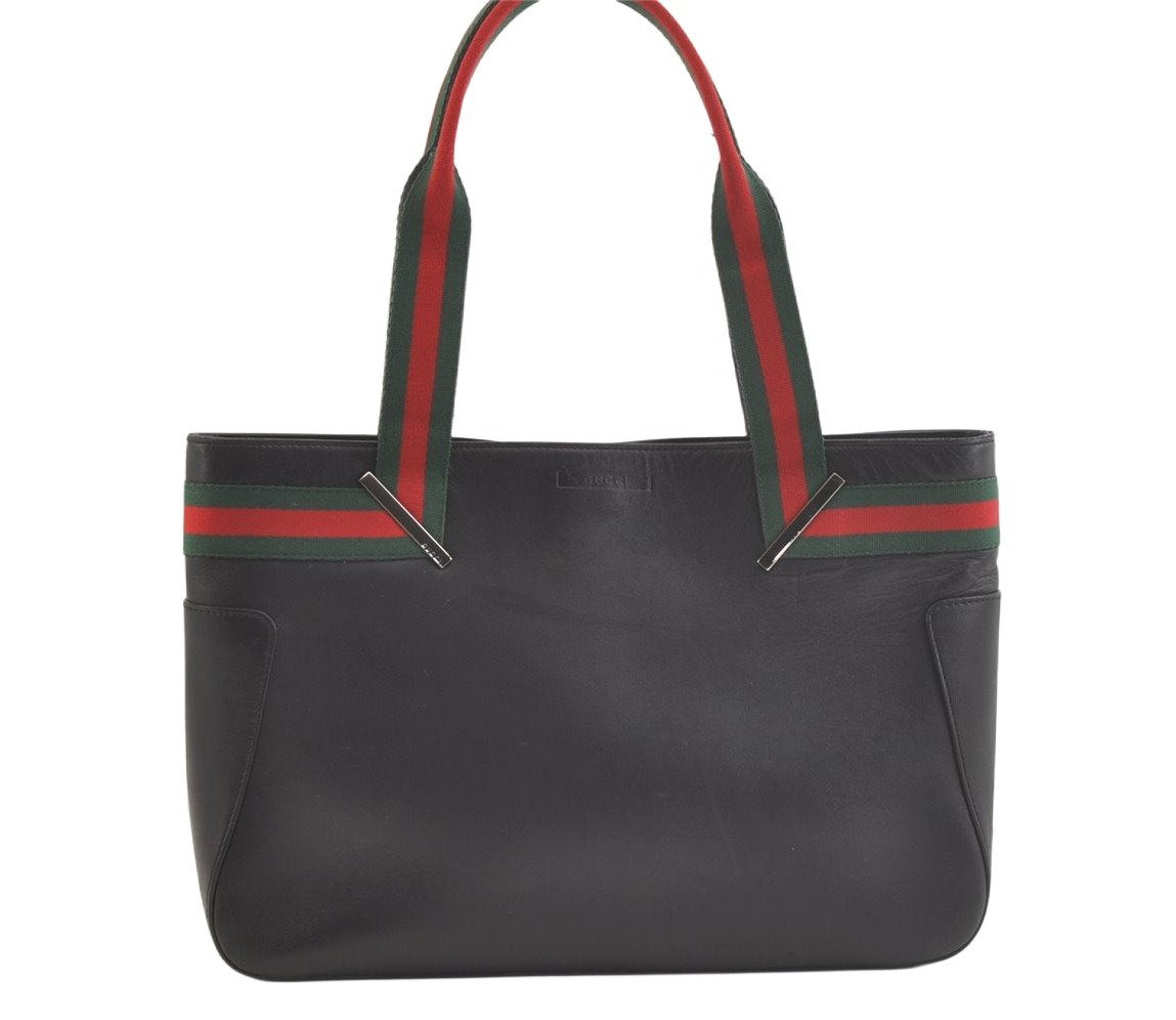 Authentic GUCCI Web Sherry Line Shoulder Tote Bag Leather Black 2275K