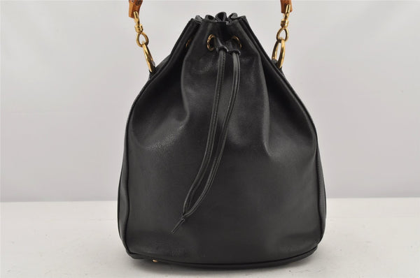 Authentic GUCCI Bamboo 2Way Shoulder Drawstring Bag Purse Leather Black 2276K