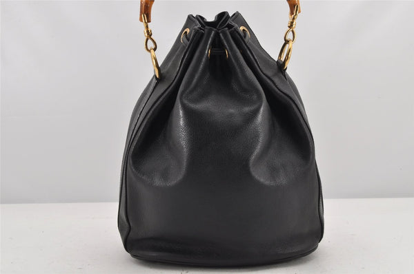 Authentic GUCCI Bamboo 2Way Shoulder Drawstring Bag Purse Leather Black 2276K