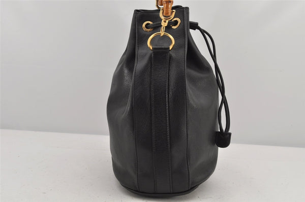 Authentic GUCCI Bamboo 2Way Shoulder Drawstring Bag Purse Leather Black 2276K