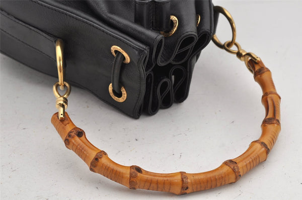 Authentic GUCCI Bamboo 2Way Shoulder Drawstring Bag Purse Leather Black 2276K