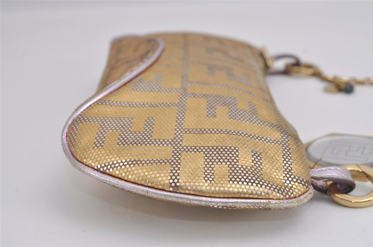 Authentic FENDI Zucca Chain Hand Bag Pouch Purse Leather Gold 2287J