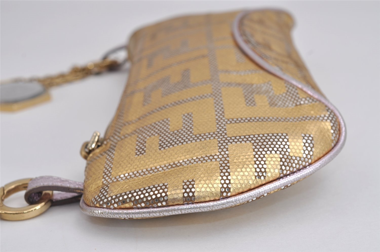 Authentic FENDI Zucca Chain Hand Bag Pouch Purse Leather Gold 2287J