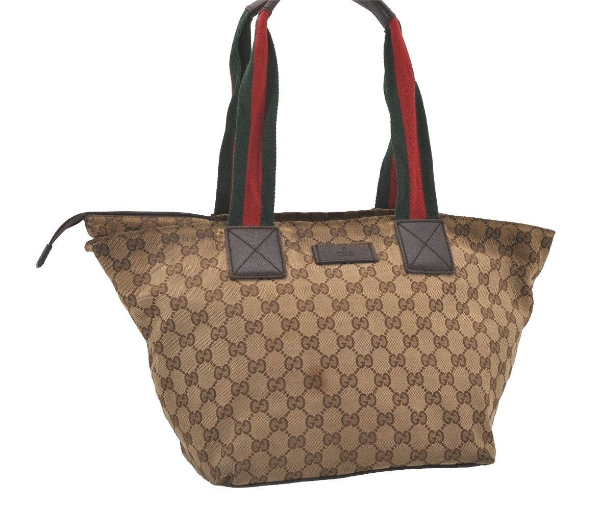 Authentic GUCCI Web Sherry Line Tote Bag GG Canvas Leather 131230 Brown 2303J