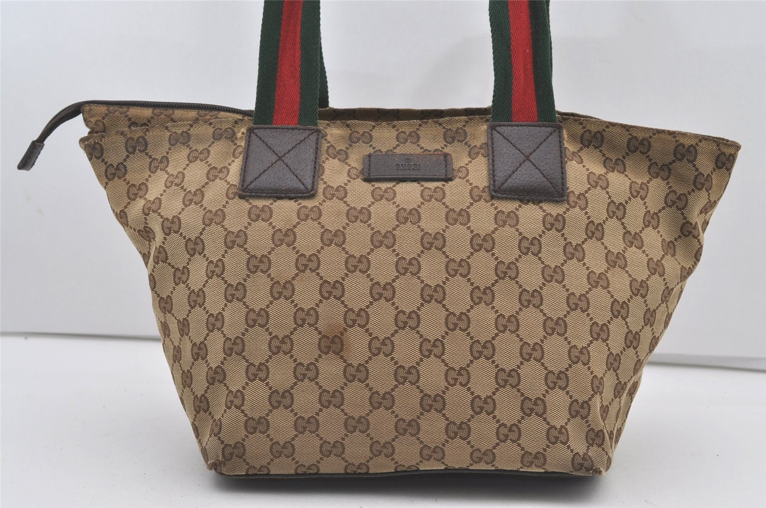 Authentic GUCCI Web Sherry Line Tote Bag GG Canvas Leather 131230 Brown 2303J