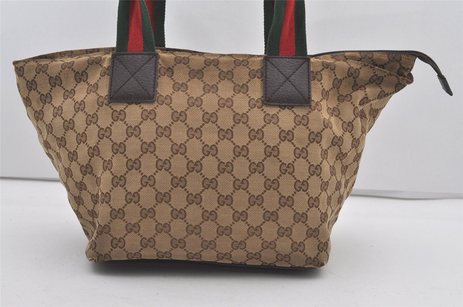 Authentic GUCCI Web Sherry Line Tote Bag GG Canvas Leather 131230 Brown 2303J