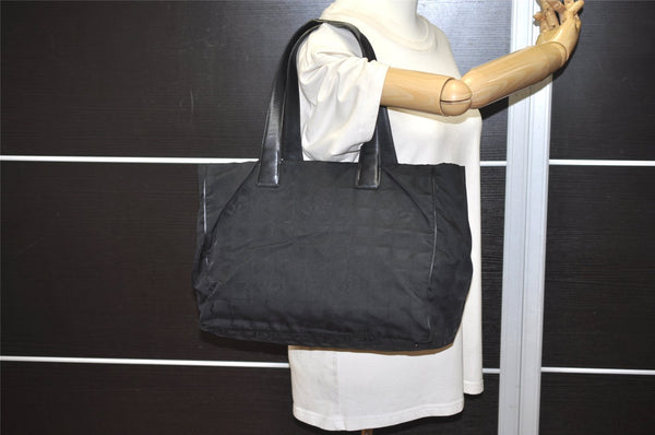 Authentic CHANEL New Travel Line Shoulder Tote Bag Nylon Leather Black 2308J