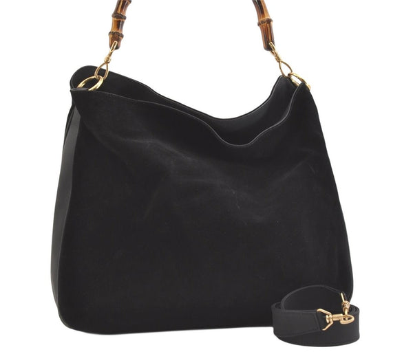 Authentic GUCCI Vintage Bamboo 2Way Shoulder Tote Bag Suede Leather Black 2309K