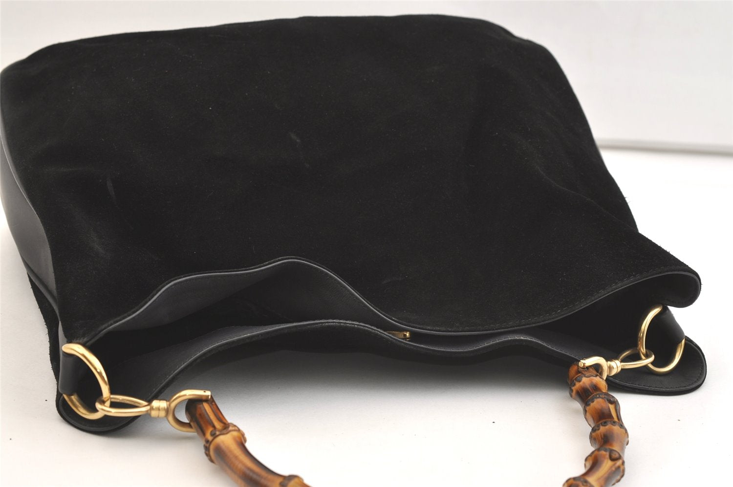 Authentic GUCCI Vintage Bamboo 2Way Shoulder Tote Bag Suede Leather Black 2309K
