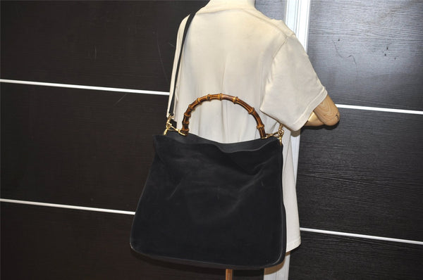 Authentic GUCCI Vintage Bamboo 2Way Shoulder Tote Bag Suede Leather Black 2309K