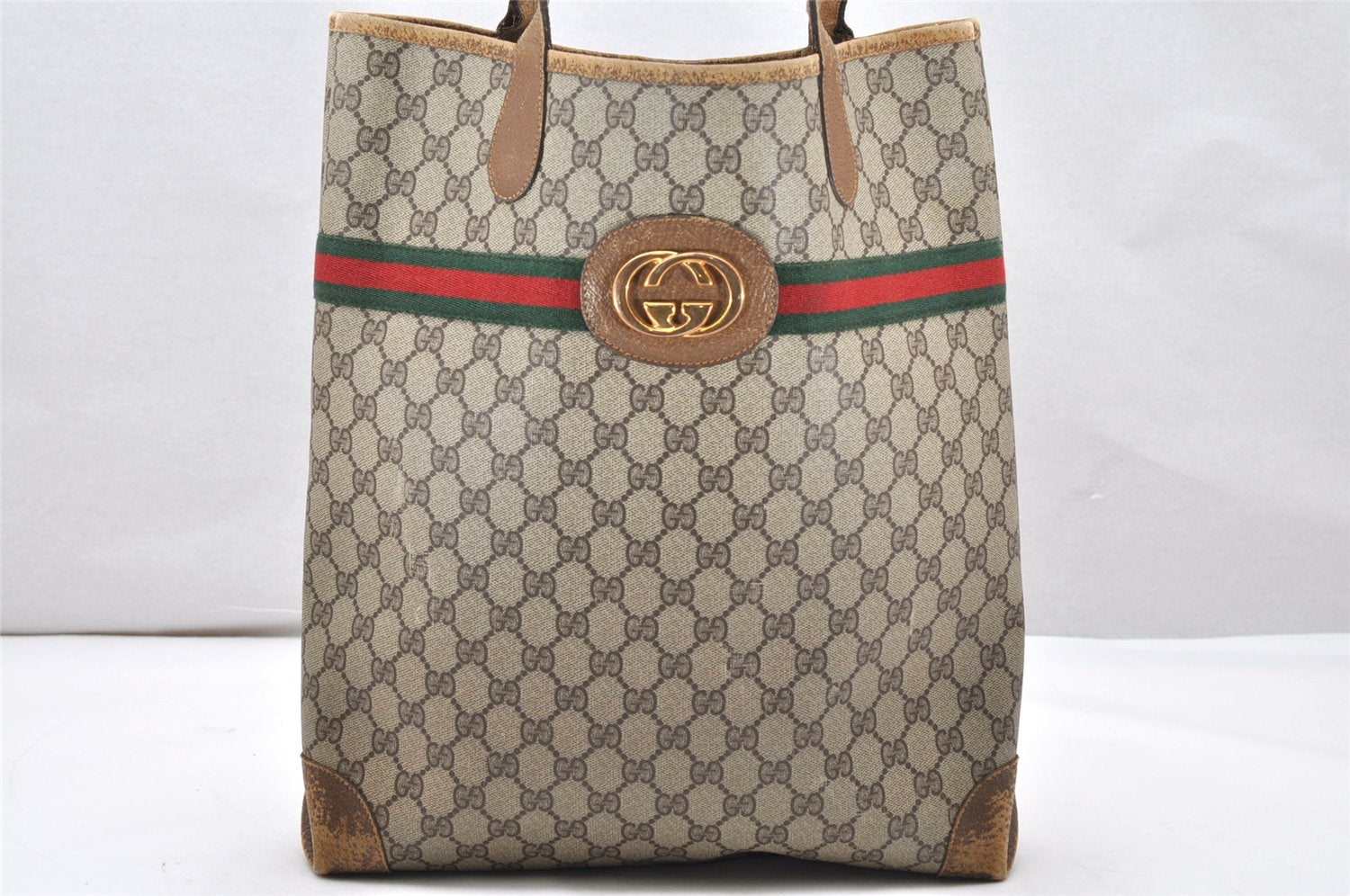 Authentic GUCCI Web Sherry Line Shoulder Tote Bag GG PVC Leather Brown 2313K