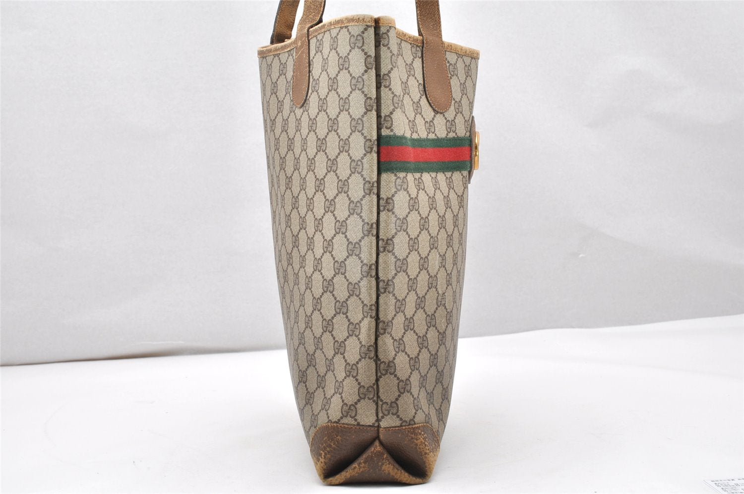 Authentic GUCCI Web Sherry Line Shoulder Tote Bag GG PVC Leather Brown 2313K