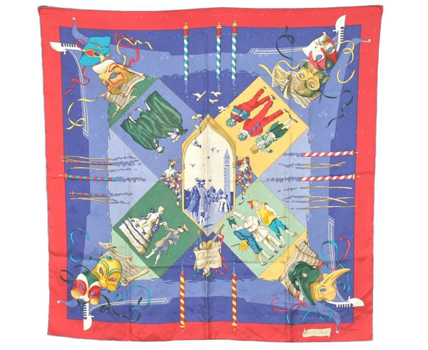 Authentic HERMES Carre 90 Scarf "LE CARNAVAL DE VENISE" Silk Blue Red 2317J