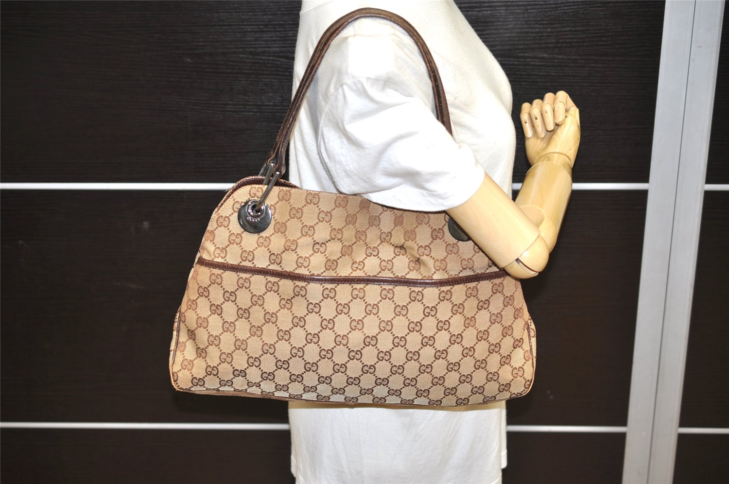 Authentic GUCCI Eclipse Shoulder Tote Bag GG Canvas Leather 121023 Brown 2321K