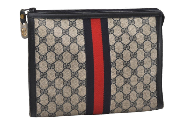 Authentic GUCCI Sherry Line Clutch Hand Bag Purse GG PVC Leather Navy Blue 2329J
