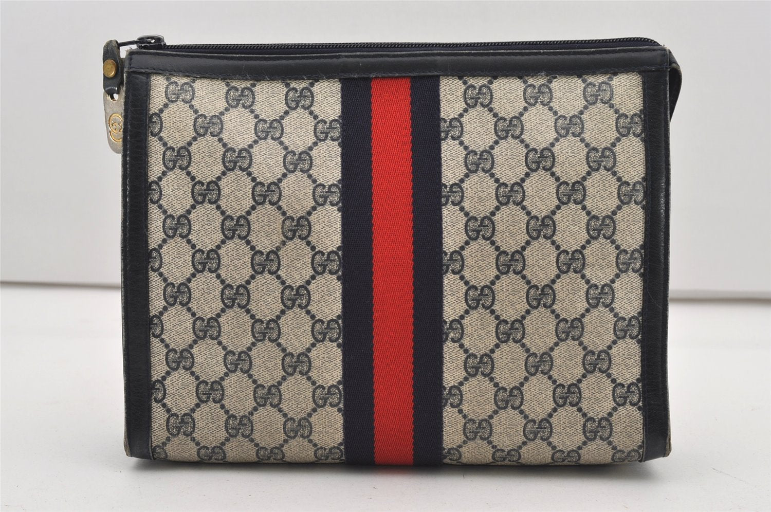 Authentic GUCCI Sherry Line Clutch Hand Bag Purse GG PVC Leather Navy Blue 2329J