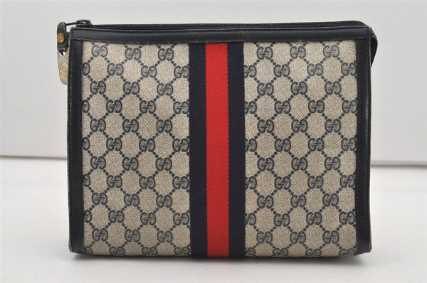 Authentic GUCCI Sherry Line Clutch Hand Bag Purse GG PVC Leather Navy Blue 2329J