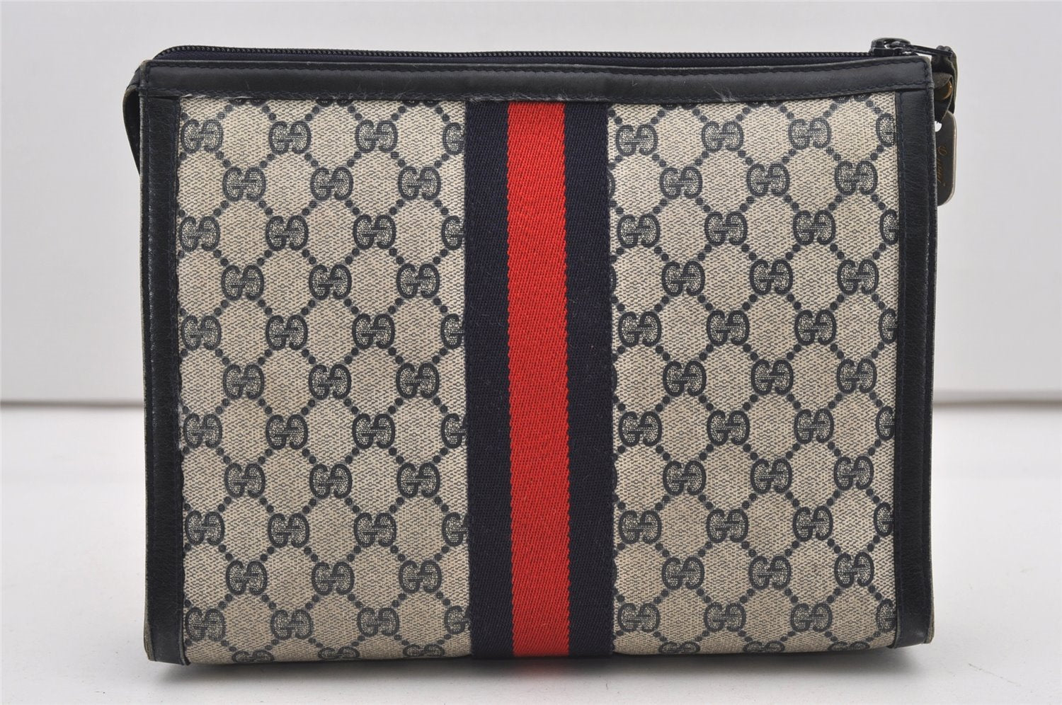 Authentic GUCCI Sherry Line Clutch Hand Bag Purse GG PVC Leather Navy Blue 2329J