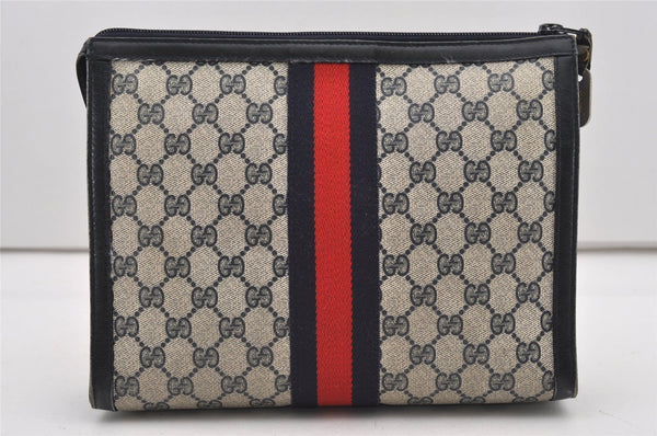 Authentic GUCCI Sherry Line Clutch Hand Bag Purse GG PVC Leather Navy Blue 2329J