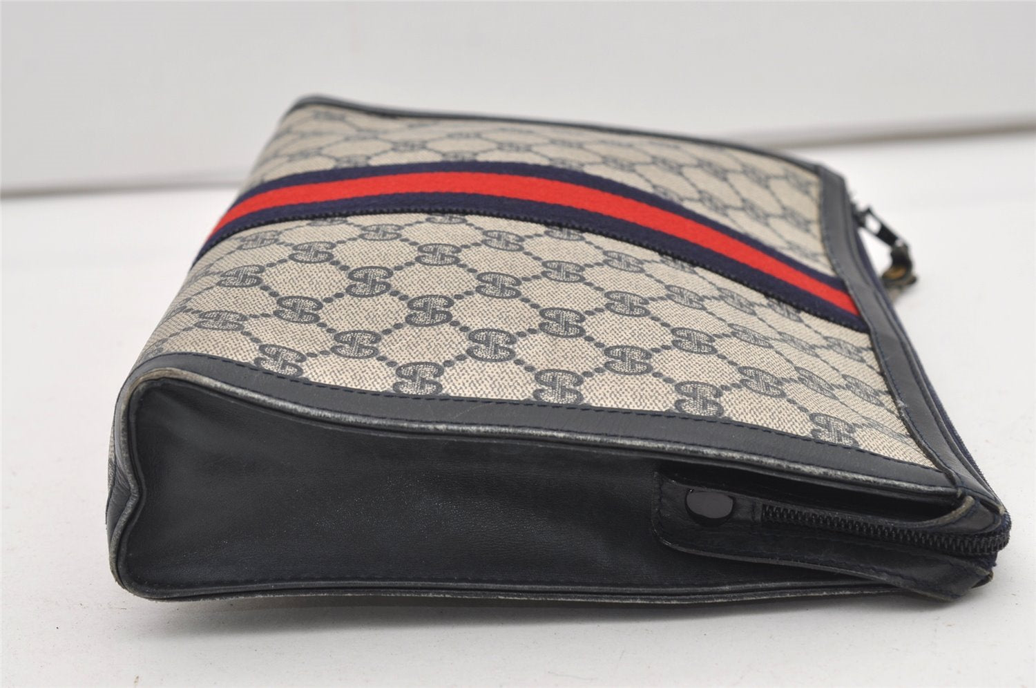 Authentic GUCCI Sherry Line Clutch Hand Bag Purse GG PVC Leather Navy Blue 2329J