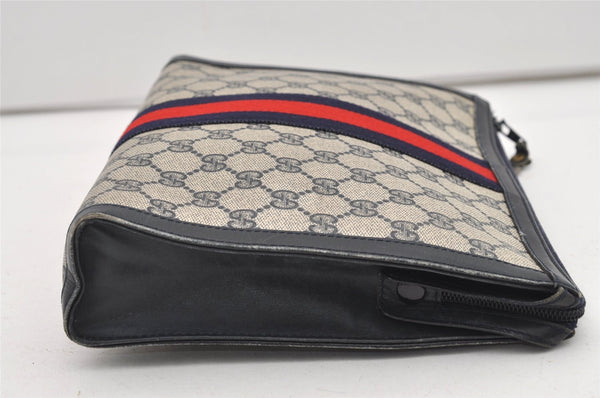 Authentic GUCCI Sherry Line Clutch Hand Bag Purse GG PVC Leather Navy Blue 2329J