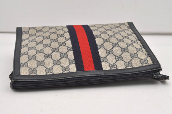 Authentic GUCCI Sherry Line Clutch Hand Bag Purse GG PVC Leather Navy Blue 2329J
