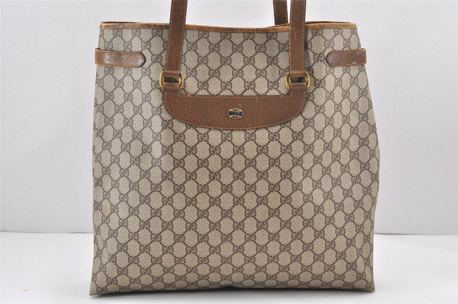 Authentic GUCCI Vintage Shoulder Tote Bag GG PVC Leather Brown 2334K