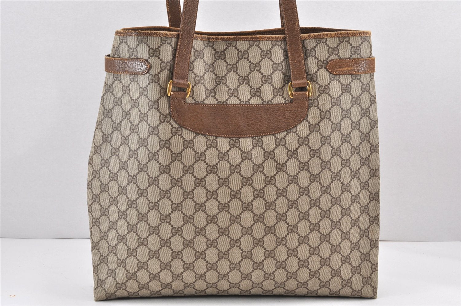 Authentic GUCCI Vintage Shoulder Tote Bag GG PVC Leather Brown 2334K