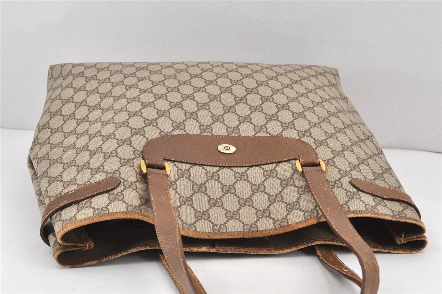 Authentic GUCCI Vintage Shoulder Tote Bag GG PVC Leather Brown 2334K