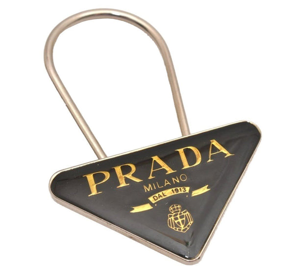 Authentic PRADA Vintage Metal Logo Key Ring Charm Silver Plating Black 2341J