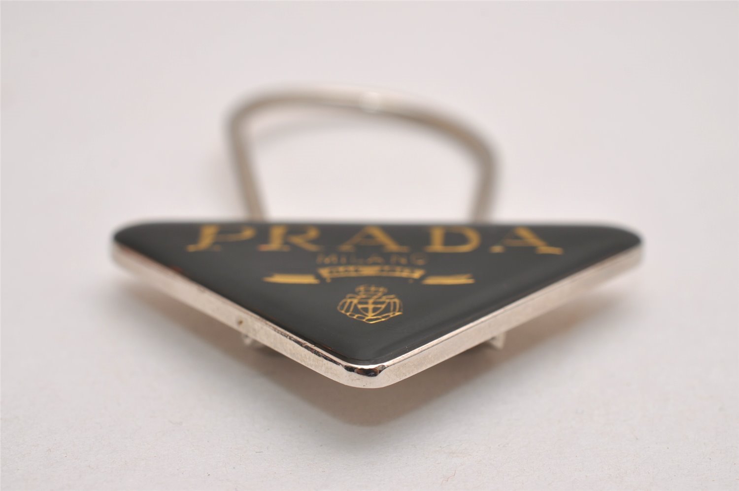 Authentic PRADA Vintage Metal Logo Key Ring Charm Silver Plating Black 2341J