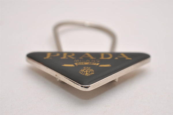 Authentic PRADA Vintage Metal Logo Key Ring Charm Silver Plating Black 2341J