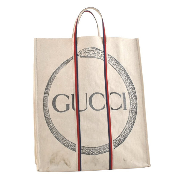 Authentic GUCCI Ouroboros Logo Tote Hand Bag Canvas 484690 White 2341K