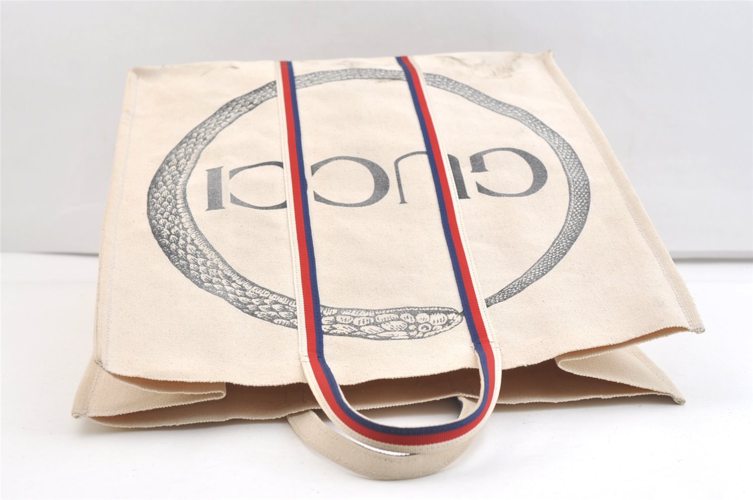 Authentic GUCCI Ouroboros Logo Tote Hand Bag Canvas 484690 White 2341K