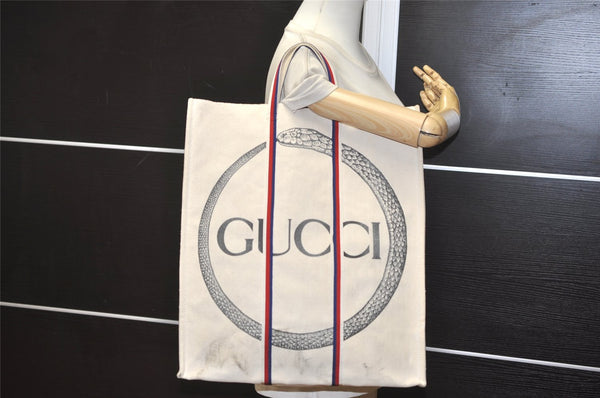 Authentic GUCCI Ouroboros Logo Tote Hand Bag Canvas 484690 White 2341K