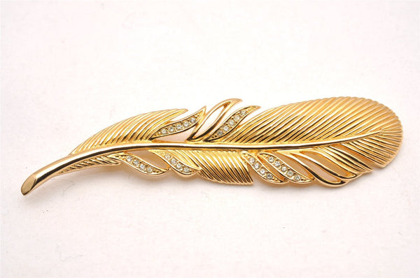 Authentic Christian Dior Rhinestone Feather Motif Brooch Gold Tone CD Box 2342J