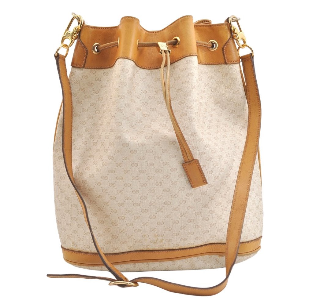 Authentic GUCCI Micro GG PVC Leather Shoulder Cross Drawstring Bag Beige 2343K